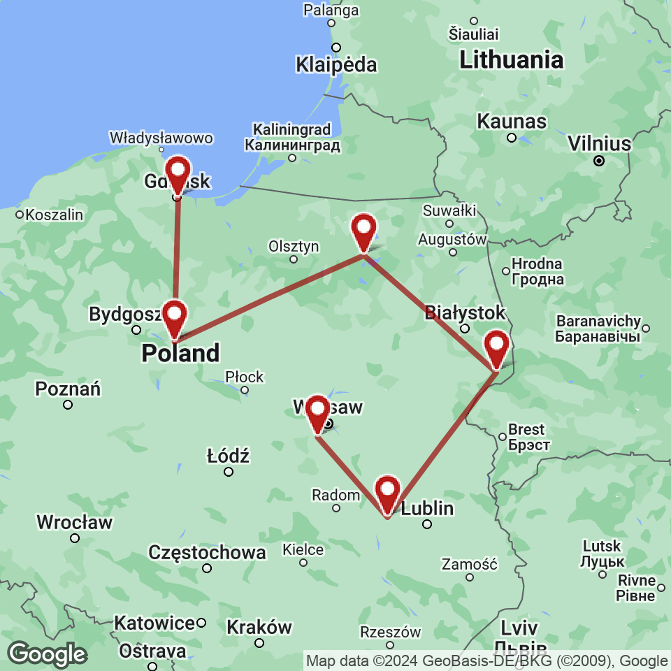 Route for Gdansk, Torun, Mikolajki, Bialowieza, Kazimierz Dolny, Warsaw tour